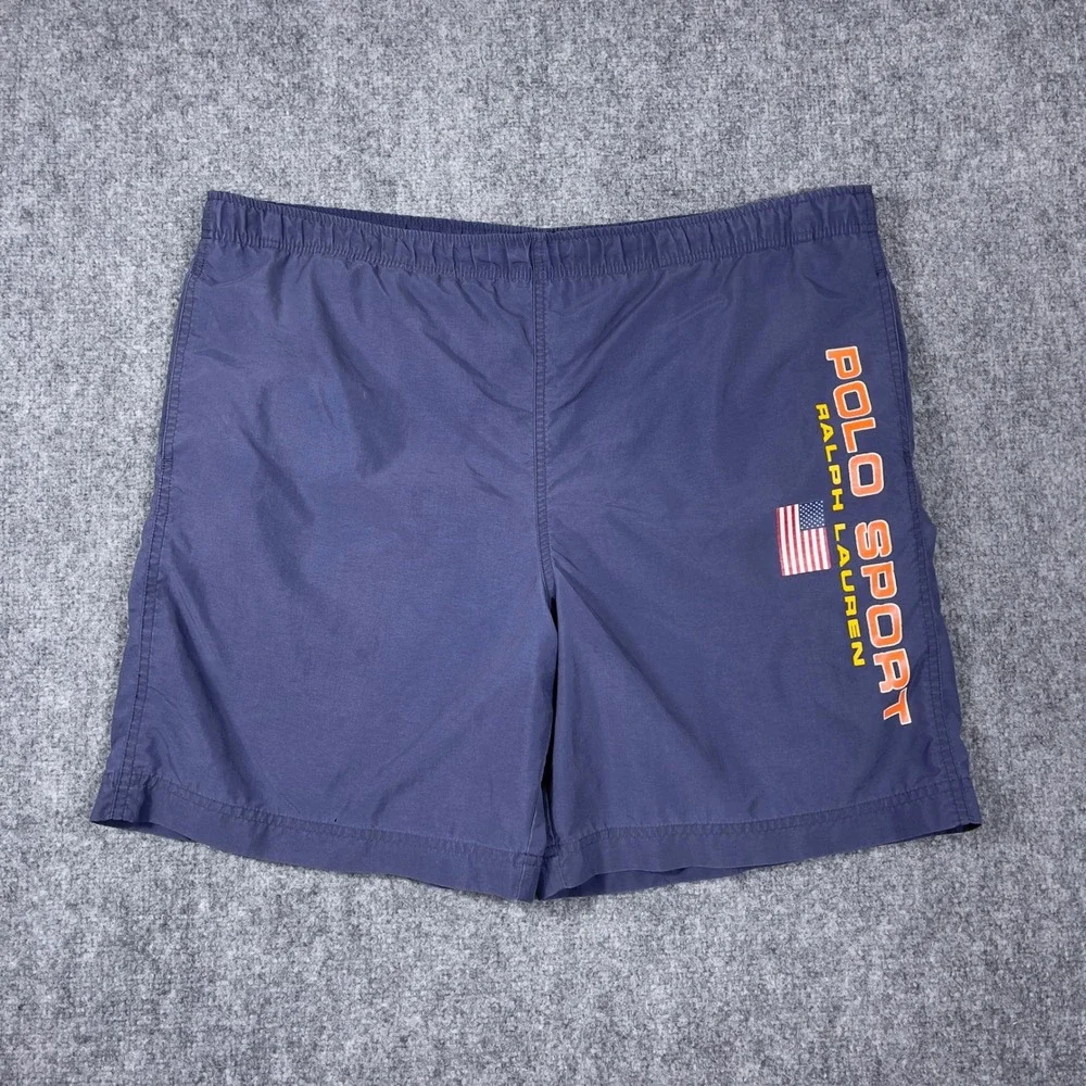 Vintage Polo Sport Swim Trunks Mens L Navy Blue Flag Logo Shorts